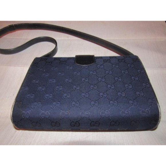 Gucci RARE BOHO Deep Blue 2-Way Clutch G Logo Print Canvas & Black Leather - Picture 7 of 12